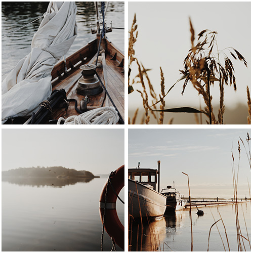Fyra skärgårdsbilder från Baggö Marinas båthamn med båtar i hamnen, träseglare, trålare och närbild på vass